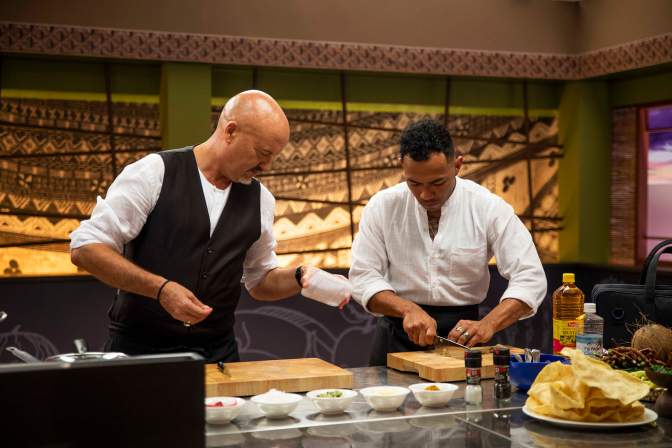 Host Robert Oliver with Fijian Chef Bertrand Jang, doing a masterclass